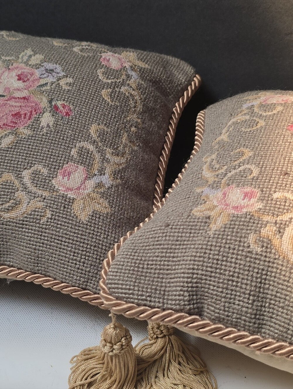 Vintage Classic French Country needlepoint Floral Pillows 12inx12 Pink Roses